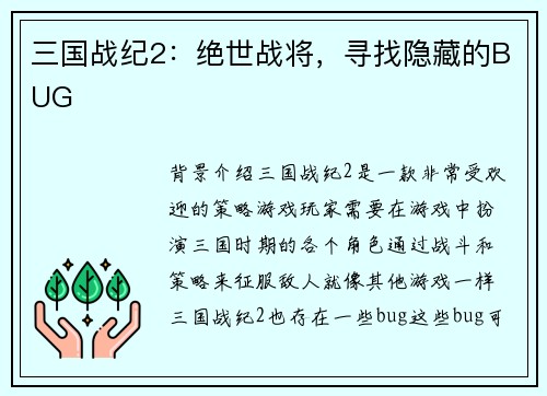 三国战纪2：绝世战将，寻找隐藏的BUG